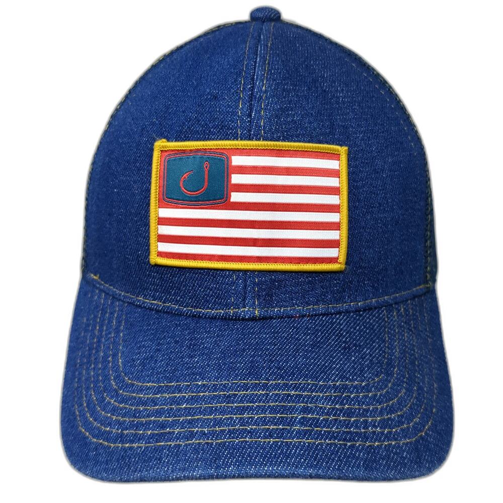 Avid Trucker Hat Blue OSFM Denim Fishing Hook American Flag Patch Mesh Snapback